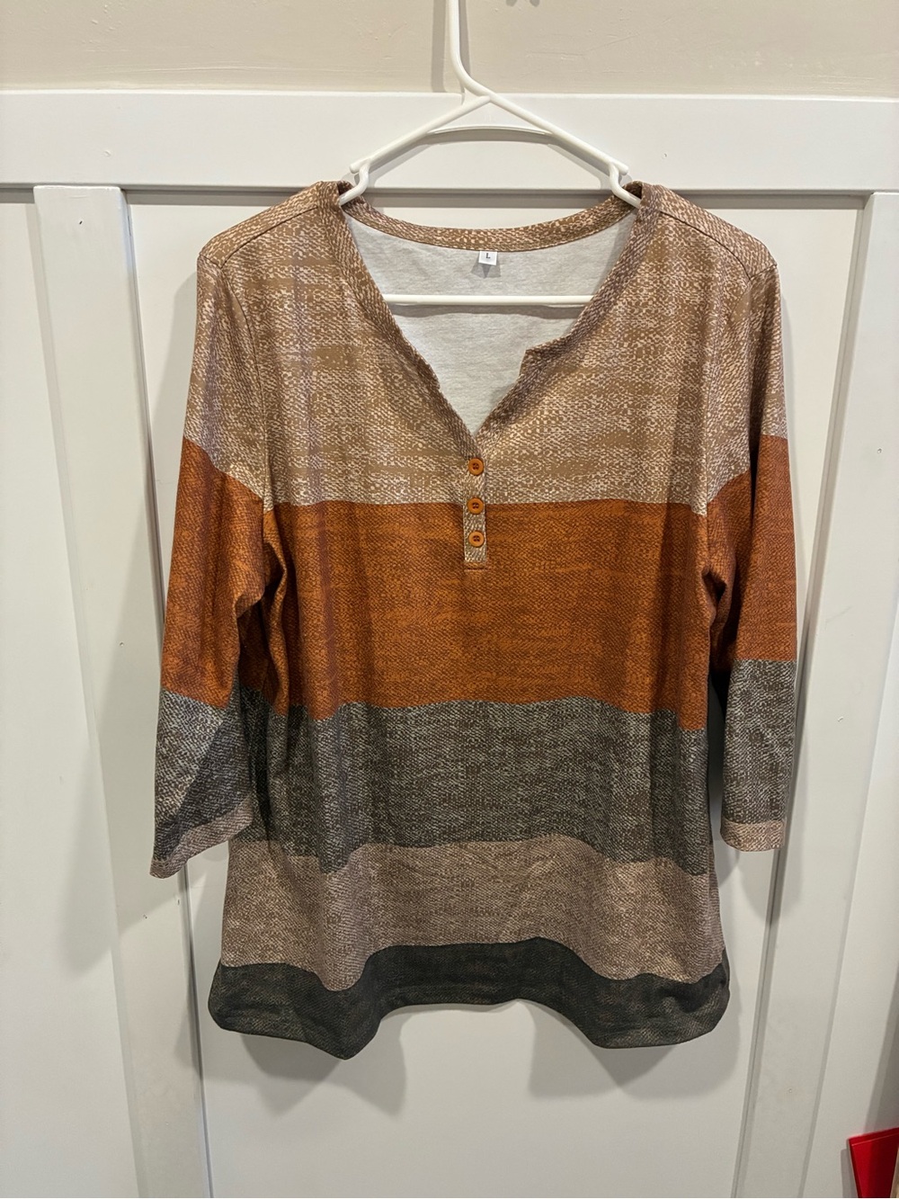 Striped Henley Top in Rust, Gray & Tan - Women's Casual Shirt